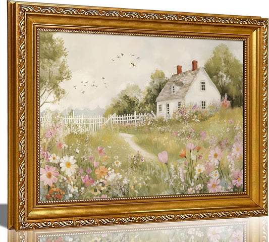 Regine Switzerland Vintage Gold Framed 3D Texture Wall Art - Wildflower Landscape Painting for Home Decor