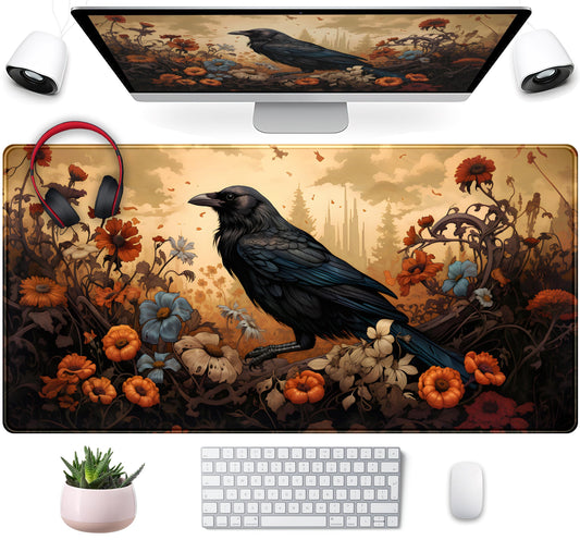 Anime Crow Kawaii Desk Mat Cute Retro Floral Mouse Pad Gaming Desk Pad XXL Large Desk Matt for Desktop Computer Mousepad, Laptop Keyboard Mouse Mat Office Decor Accessories for Women, 31.5x15.75 in