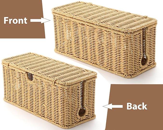 ZhiYo Rattan Cable Management Box, Brown Cord Organizer, 12.5" x 5" x 5.2"