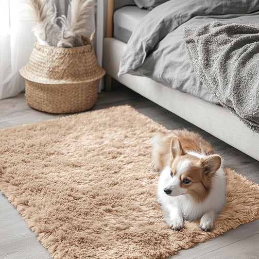 OLANLY Small Bedside Rug - Soft, Machine Washable Shaggy Carpet for Bedroom & Nursery | Beige