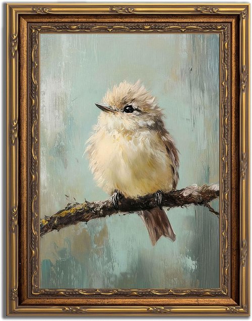 Gold Framed Bird Canvas Wall Art - Vintage Sparrow Painting for Bedroom & Living Room Decor