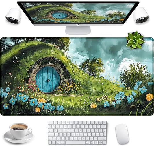 Cute Landscape Cartoons Desk Mat Aesthetic Gaming Mouse Pad XXL Large Extended Green Sage Desk Pad, Laptop Keyboard and Mouse Mat, Computer Desktop Mat Playmat, Women Desk Decor Pad 31.5x15.7 in