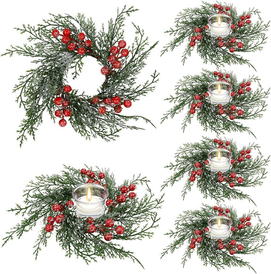 Regine Switzerland Christmas Candle Rings - 6 Pcs Artificial Wreaths with Red Berries & Snowy Pine for Festive Table Centerpieces