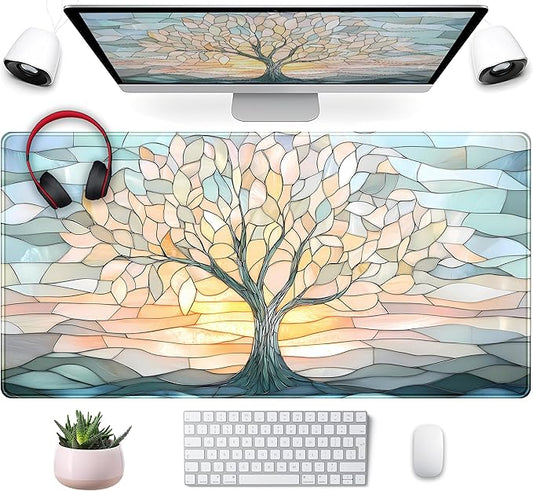 Desk Mat Cute Tree of Life Mouse Pad Gaming XXL Large Extended Desk Matt for Desktop, Faux Stained Glass Pastel Desk Pad, Laptop Computer Keyboard Mouse Mat, Office Decor Deskamt, 31.5x15.75 in
