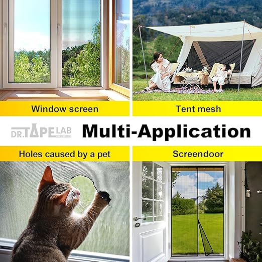 DR.TAPELAB, Black Window Screen Repair Tape, 4 in X 15 FT, Screen Repair Kit for Windows or Doors, Strong Adhesive Patch Kit Fiberglass Mesh Tape