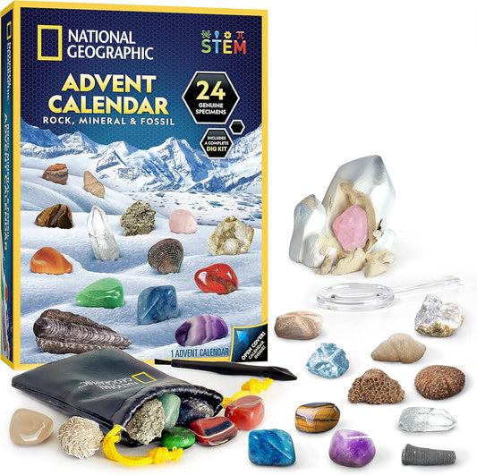 National Geographic 2026 Rock Collection Advent Calendar - 24 Gemstones, Minerals & Fossils for Kids