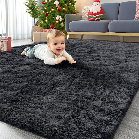 OLANLY Area Rug - Soft Fluffy Shaggy Design | Machine Washable 4x5.9 ft for Living Room & Bedroom - Black