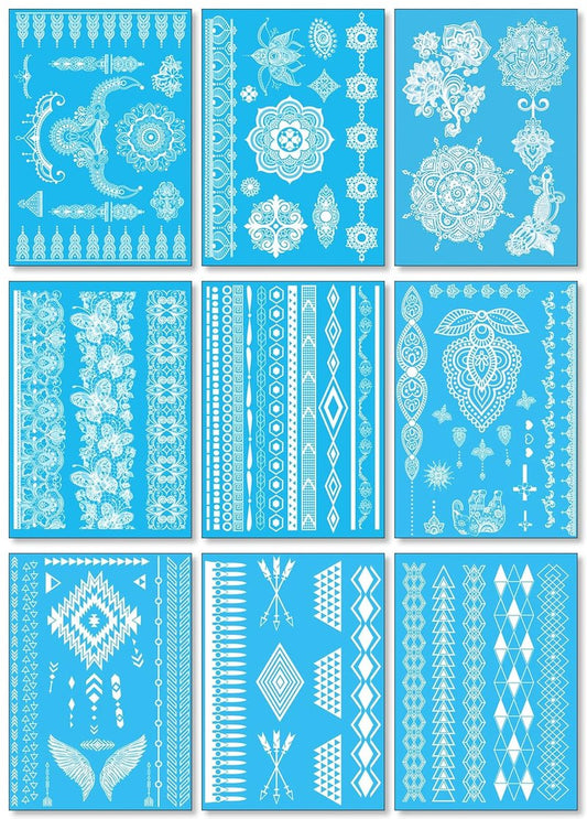 White Lace Temporary Tattoos - 9 Sheets of Realistic Waterproof Stickers for Brides & Teens | Elegant Jewelry Designs