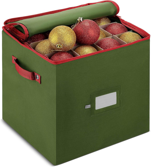 ZOBER Christmas Ornament Storage Box - Durable Organizer for 64 3" Ornaments - Green with Dividers