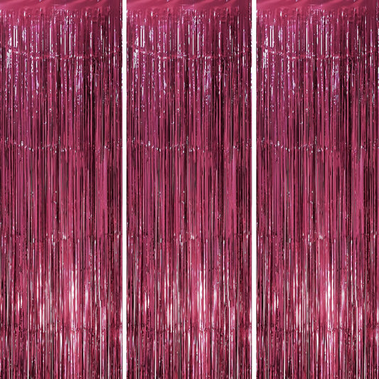 Voircoloria Foil Fringe Backdrop Curtains - 3 Pack Burgundy Tinsel Streamers for Parties | 3.3 x 8.2 ft