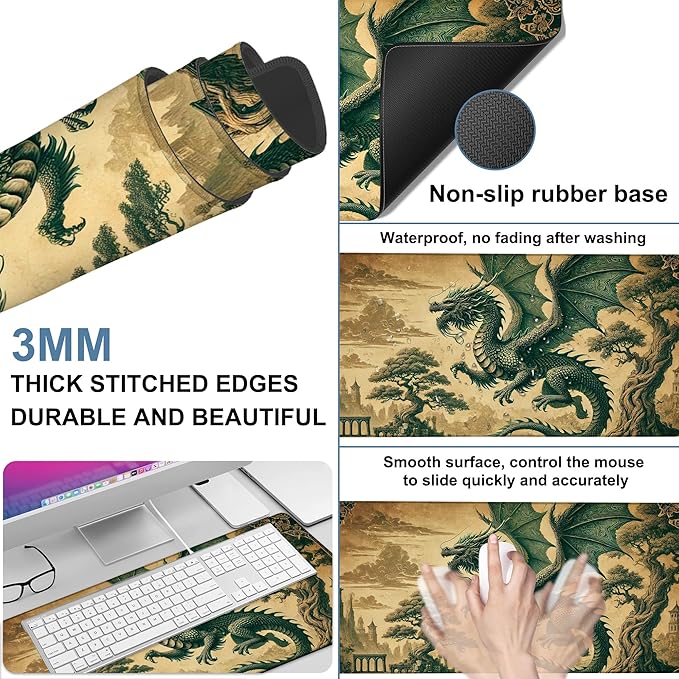 NITAHHHY Vintage-Style Dragon Gaming Mouse Pad 3mm Thick Stitched Edge Waterproof Non-Slip Large Computer Keyboard Mouse Mat,Suitable for Office Entertainment Decorative Desk Pad 35.4 x 15.7 Inches
