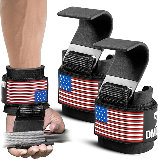 DMoose Fitness Weight Lifting Hooks for Men & Women (Pair) - 8 mm Thick Wrist Padding - Weight Grips for Powerlifting, Shrugs, Rows & Deadlift Support - Gym Lifting Straps with Pull Up Hook (American)