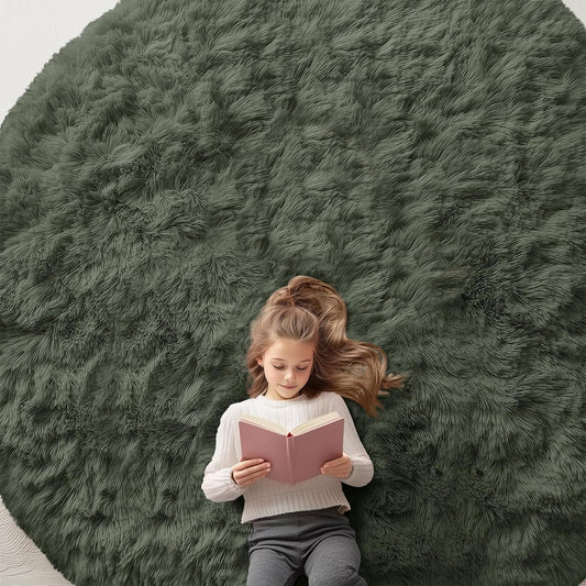 OLANLY Olive Green Round Rug - Soft, Fluffy Shaggy Carpet | 9 ft Machine Washable Area Rug for Bedroom, Living Room, Nursery Decor