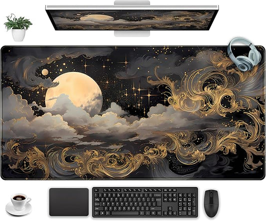 DKPXFG Golden Moon Desk Pad Black Desk Mat XXL Mouse Gaming Pads, Starry Sky Keyboard Pads Extra Large Desktop Computer Mats with Non-Slip Base & Stitched Edges, Vintage Office Decor 31.5" x 15.7"