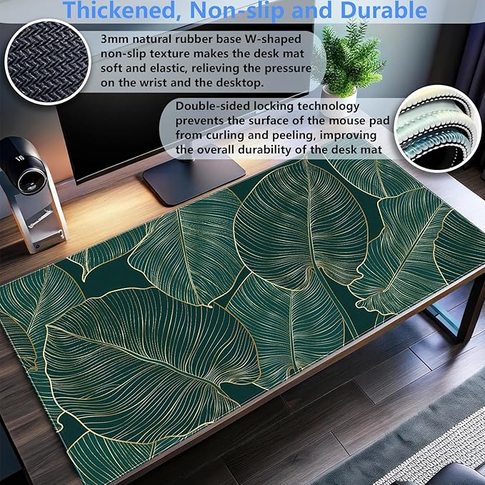 Luxury XXL Desk Mat 31.5x15.7 Emerald Green Gold Leaf Mouse Pad