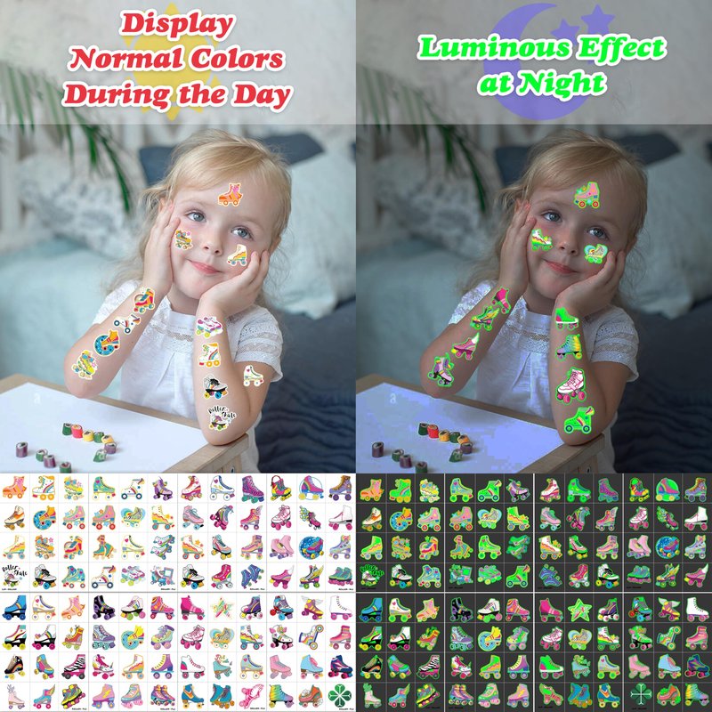 96 PCS Roller Skate Skating Pre-Cut Luminous Temporary Tattoos Themed Birthday Party Favors Decorations Supplies Decor Retro 80s 90s Disco Glow In The Dark Tattoo Stickers Gifts For Boys Girls Class
