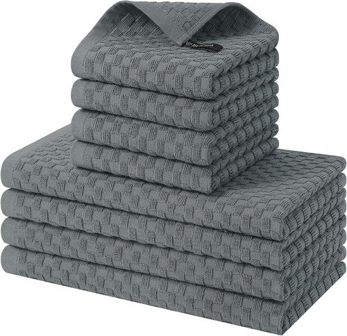 Homaxy Kitchen Towels Set - 100% Cotton, Super Soft & Absorbent | 8-Piece Set in Dark Grey, 12x12 & 15x25 Inches