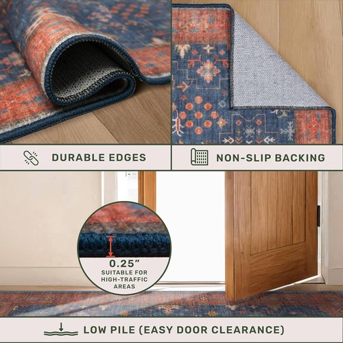 Hazo Haus Dark Blue & Terracotta 5x8 Area Rug - Machine Washable, Non-Slip, Stain Resistant for Living Room, Bedroom & Kitchen