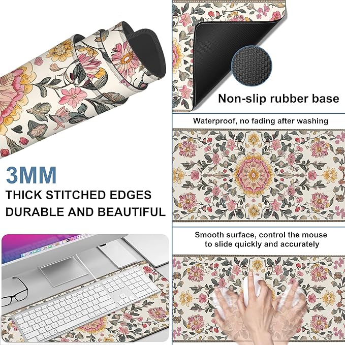 NITAHHHY Elegant Carpet Gaming Mouse Pad 3mm Thick Stitched Edge Waterproof Non-Slip Large Computer Keyboard Mouse Mat,Suitable for Office Entertainment Decorative Desk Pad 35.4 x 15.7 Inches