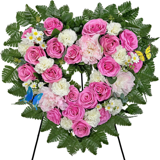MUVIC Cemetery Flower Wreath - Elegant Heart-Shaped Memorial Floral Arrangement | 27-Inch Pink Hibiscus, Rose, Carnation, Daisy