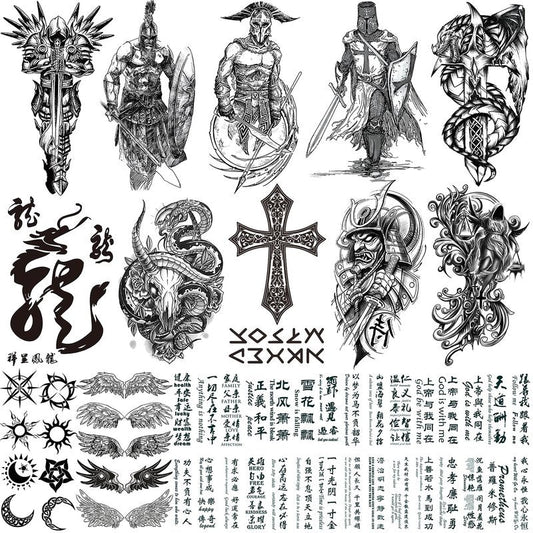 VERKSTAD Black Realistic Temporary Tattoos for Men Women, Waterproof Half Sleeve Fake Tattoos for Boys Girls, Warrior Wing Cross Dragon Letter Totem Tattoo Kits for Parties Festivals Cosplay