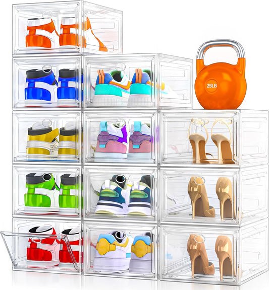 Skiennix Clear Shoe Storage Organizer - 12 Pack Stackable Plastic Boxes with Magnetic Door | Space-Saving White Design