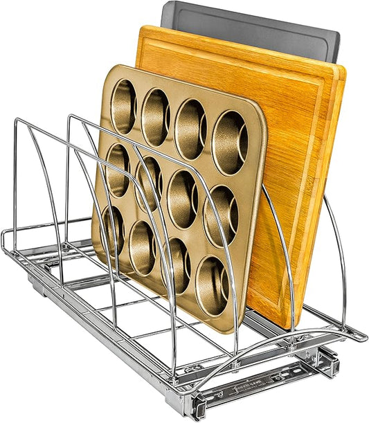 LYNK PROFESSIONAL® Pull Out Cutting Board, Baking Pan, and Cookie Sheet Organizer for Cabinet - Lifetime Ltd. Warranty - Slide Out Kitchen Cabinet Organizers – 10” x 21” Deep – Pull Out Drawer, Chrome