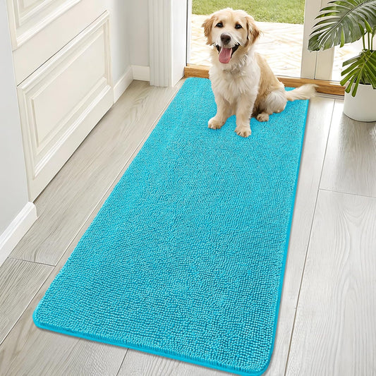 OLANLY Dog Door Mat - Absorbent Non-Slip Mud Mat for Muddy Paws | Quick Dry Chenille, 70x32, Aqua Blue