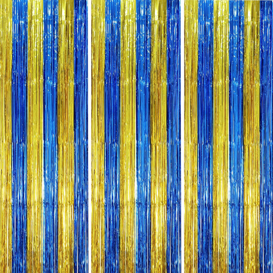 Voircoloria Blue Gold Foil Fringe Backdrop Curtains - 3 Pack Tinsel Streamers for Parties | 3.3 x 8.2 ft