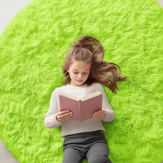 OLANLY Lime Green Round Rug - Soft, Fluffy Shaggy Carpet | 5 ft Machine Washable Area Rug for Bedroom & Living Room Decor