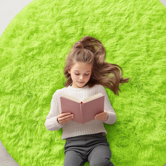 OLANLY Lime Green Round Rugs for Bedroom - Machine Washable, 5 ft Circle Area Rugs for Living Room, Soft and Fluffy Shaggy Carpet for Teen Girl and Boys, Nursery Rooms, Dorms, Home Decor Aesthetic