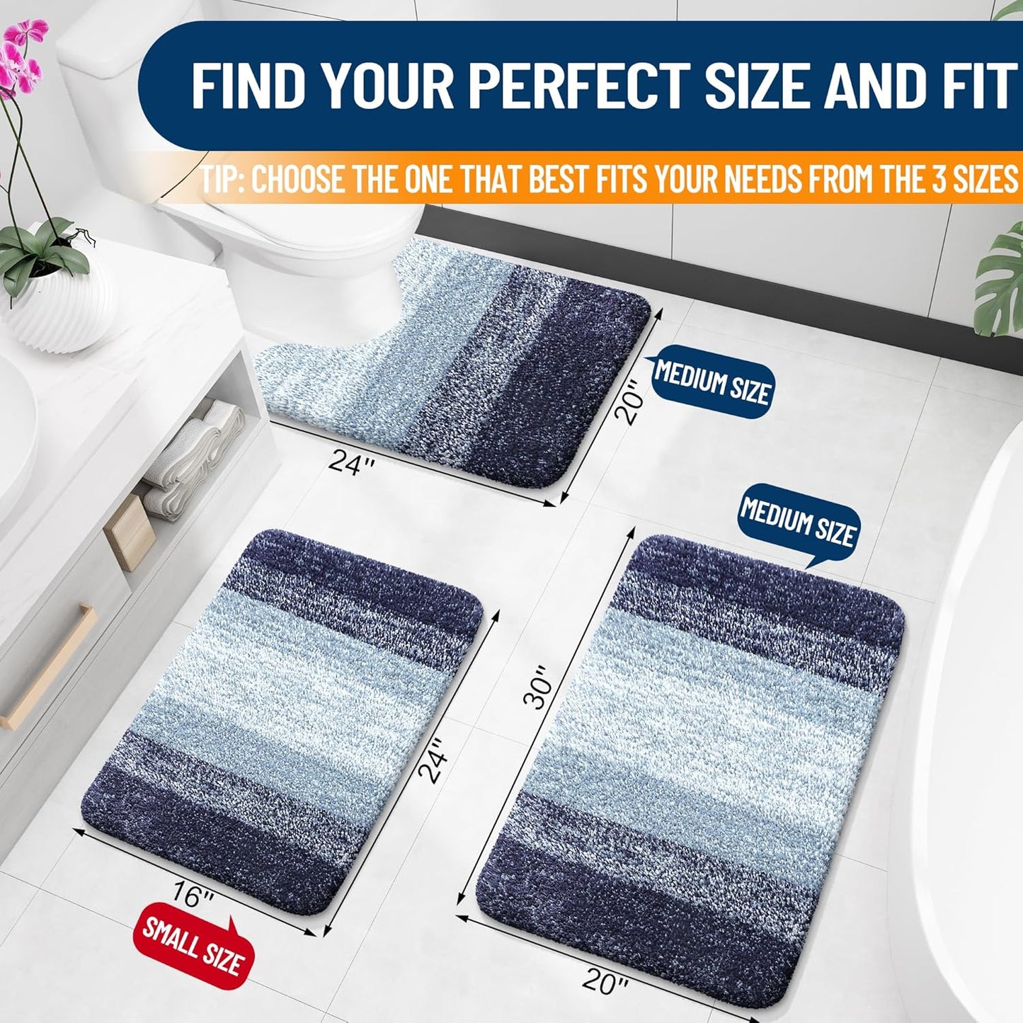 OLANLY Large Bathroom Rugs - Extra Soft Microfiber Mat 54x24 | Quick-Dry, Washable, Rubber Backing, Airy Blue