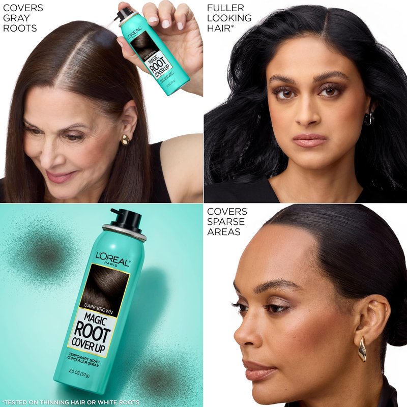 L'Oreal Paris Magic Root Cover Up Gray Hair Spray, 100% Gray Hair Coverage with Buildable, Lightweight, Transfer-Resistant, and Temporary Formula, Ammonia-Free, Dark Brown, 2 oz (1 Count)