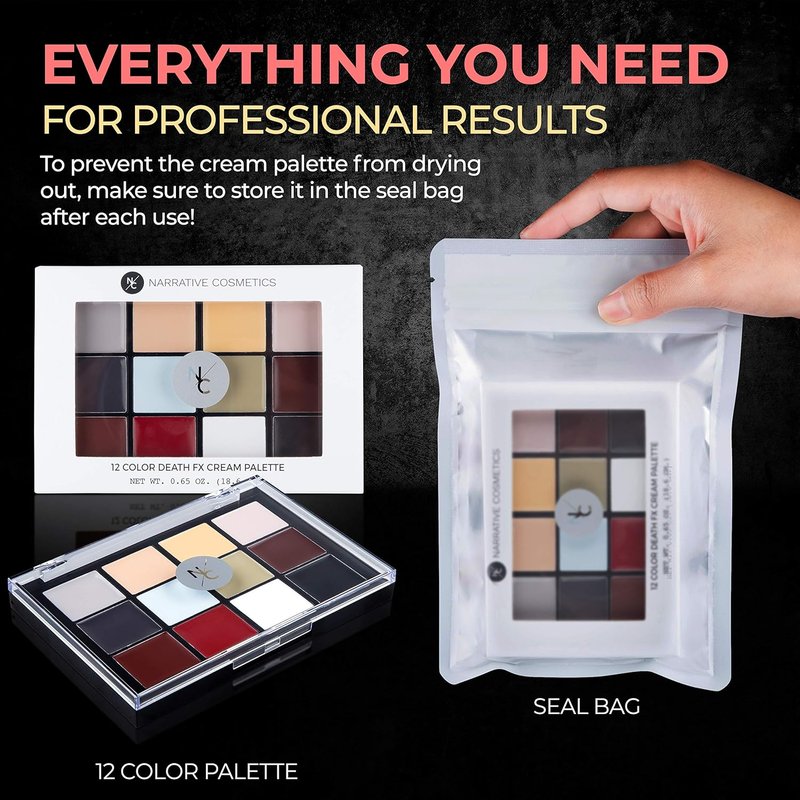 Narrative Cosmetics 12-Color Death FX Cream Palette - Waterproof Zombie & Undead SFX Makeup for Halloween, Cosplay | Quick-Drying Cream Colors
