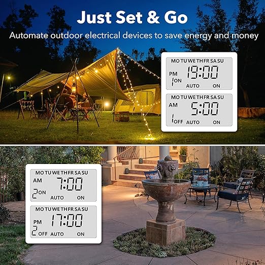 BN-LINK 7 Day Outdoor Heavy Duty Digital Programmable Timer, Outdoor Timer Outlet Waterproof, 2 Grounded Electrical Outlets for Christmas Lights, 15A 1/2HP,ETL Listed（2 Pack）