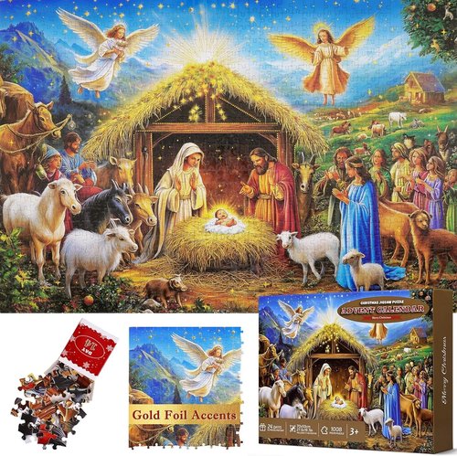 Gold Foil Accents Advent Calendar Jigsaw Puzzle - 1008 Pieces Nativity Scene Countdown for Family 2026