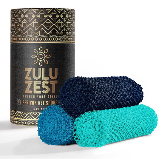 African Net Sponge Authentic 3 Pack, Body Scrubber Exfoliating Bath Sponge for Face and Body, Quick Drying Mesh Body Scrub for All Skin Types, Durable and Travel Friendly (Dark Blue, Blue, Turquoise)