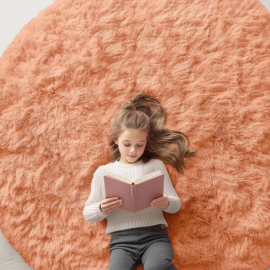 OLANLY Round Area Rug - Soft & Fluffy Muted Orange Shaggy Carpet | 6 ft Circle for Bedroom & Living Room Decor
