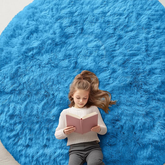OLANLY Bright Blue Round Rugs for Bedroom - Machine Washable, 8 ft Circle Area Rugs for Living Room, Soft and Fluffy Shaggy Carpet for Teen Girl and Boys, Nursery Rooms, Dorms, Home Decor Aesthetic