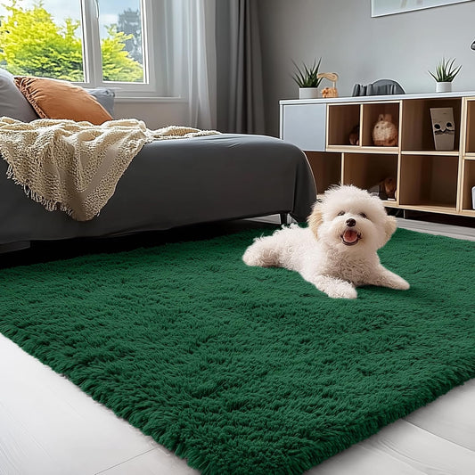 OLANLY Small Bedside Rug - Soft Fluffy Shaggy Carpet for Living Room & Bedroom | Dark Green 3x5 ft