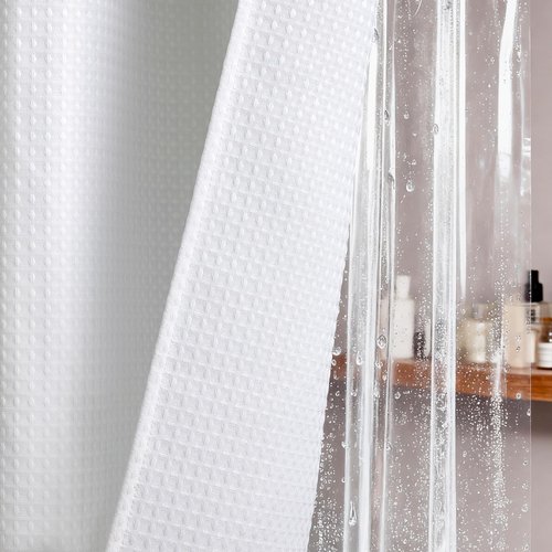 Dynamene Stall Shower Curtain and Liner Set - 60 x 84 inch Long Waffle Fabric, Waterproof Clear Liner, Heavy Duty Weighted Hotel Luxury Cloth Shower Curtains for Bathroom with 10 Hooks, 60x84, White
