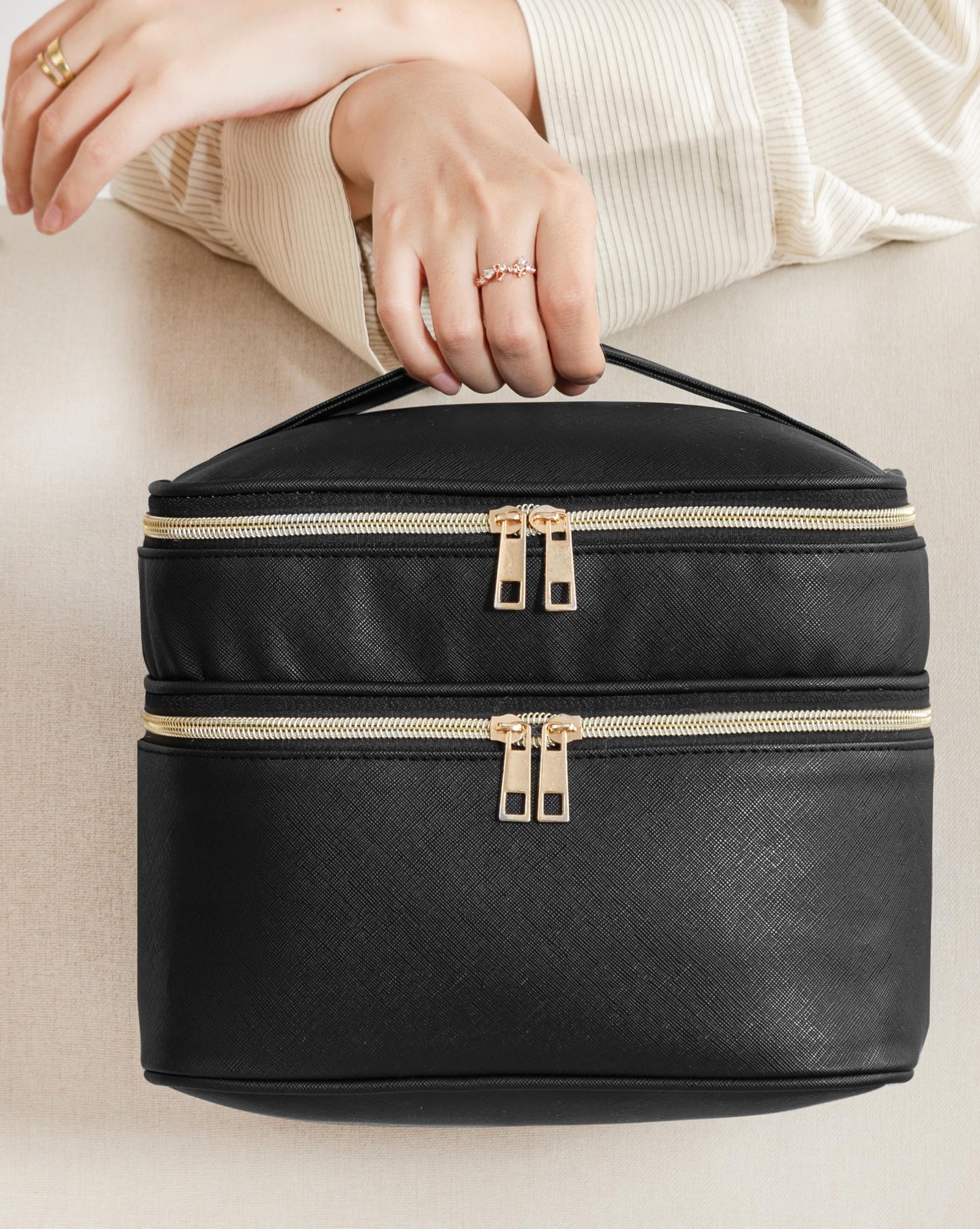 HBlife Extra Large Double Layer Travel Makeup Bag Portable Leather Cosmetic Bag Make Up Bag Makeup Case Organizer Toiletry Bag for Women Girls with Handle, Removable Divider and Shoulder Strap (Black)