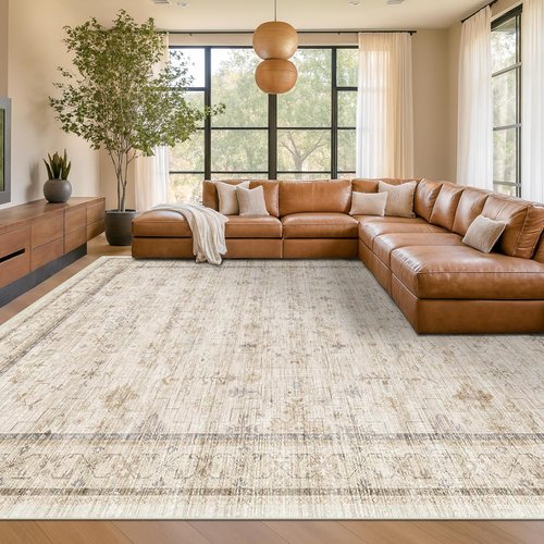 Hazo Haus Washable Ivory Living Room Rug - 8x10 Non-Slip Area Rug for Bedroom & Dining Room Decor