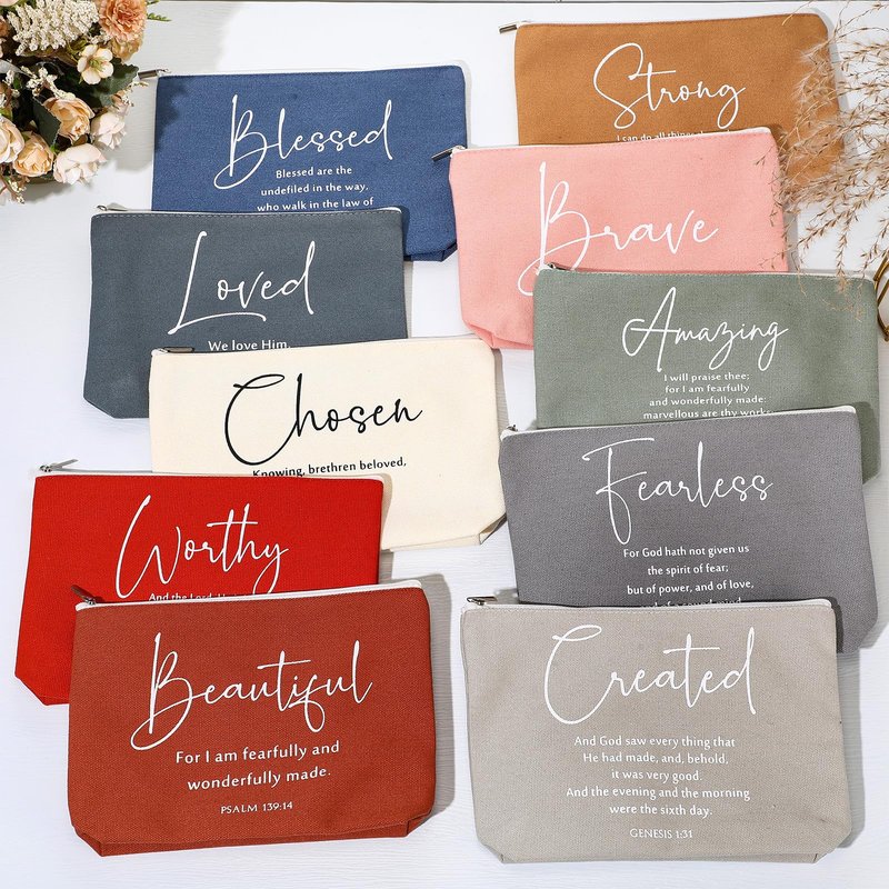 Huhumy 20 Pcs Christian Gifts for Women Bulk Religious Bible Verse Makeup Bag Inspirational Scripture Cosmetic Bag with Zipper VBS Graduation Church Favors for Ladies(Bright,Bible Words)