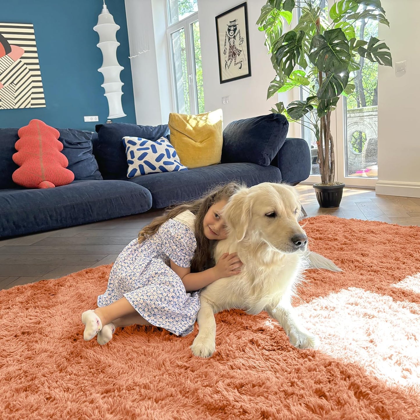 OLANLY Large 5x7 Machine Washable Area Rug - Soft Fluffy Shaggy Carpet for Living Room & Bedroom | Muted Orange