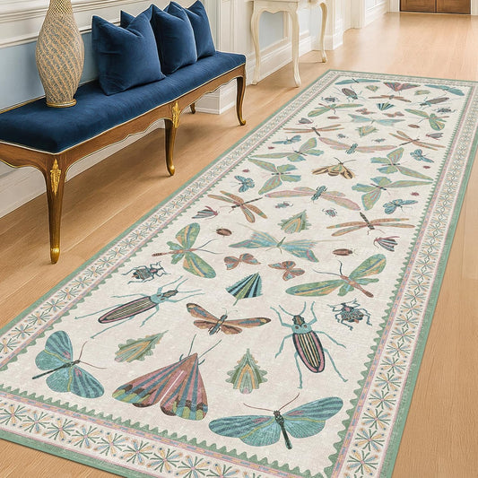 Skiennix Insect Print Hallway Runner Rug - 2'6" x 8' Light Green, Washable Non-Slip Design