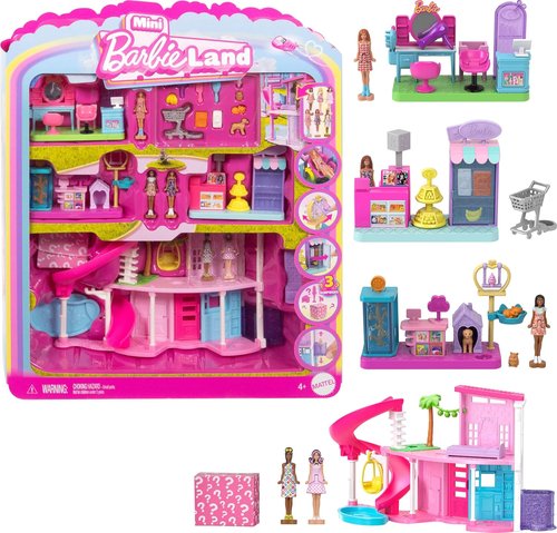 Barbie Mini Land DreamHouse - 3 Playsets with 4 Dolls, Furniture & Accessories | Includes Pet Boutique, Hair Salon & Supermarket
