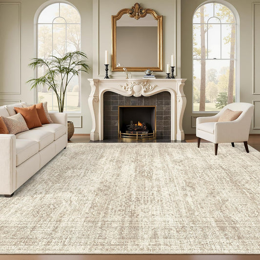 Soalmost Area Rugs - Non-Slip, Machine Washable Vintage Design | Lightweight 9x12 Beige Rug for Living Room, Bedroom, Dining Room, Home Office