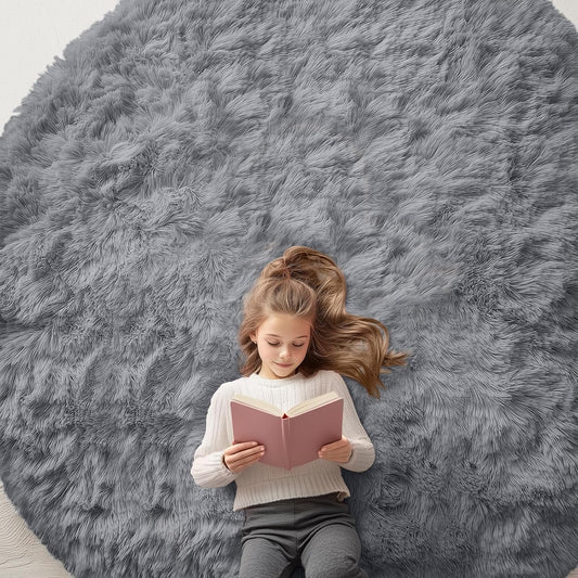 OLANLY Round Light Grey Area Rug - Soft, Fluffy, Machine Washable 8 ft Circle Carpet for Bedrooms & Living Rooms