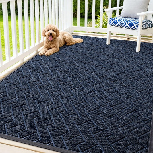 OLANLY Waterproof Front Door Mat - All-Season Herringbone Design, Easy Clean, Natural Rubber | Blue, 71x47